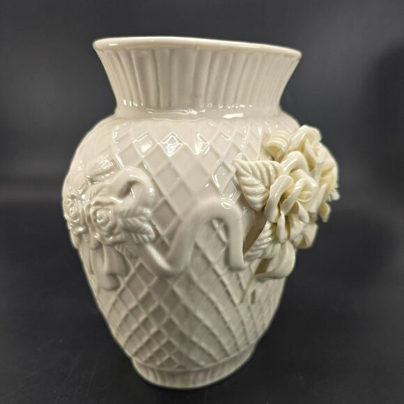 Vintage Ivory Ceramic Vase Embossed Floral Rose Basketweave Pattern JJ3900 - Picture 2 of 9